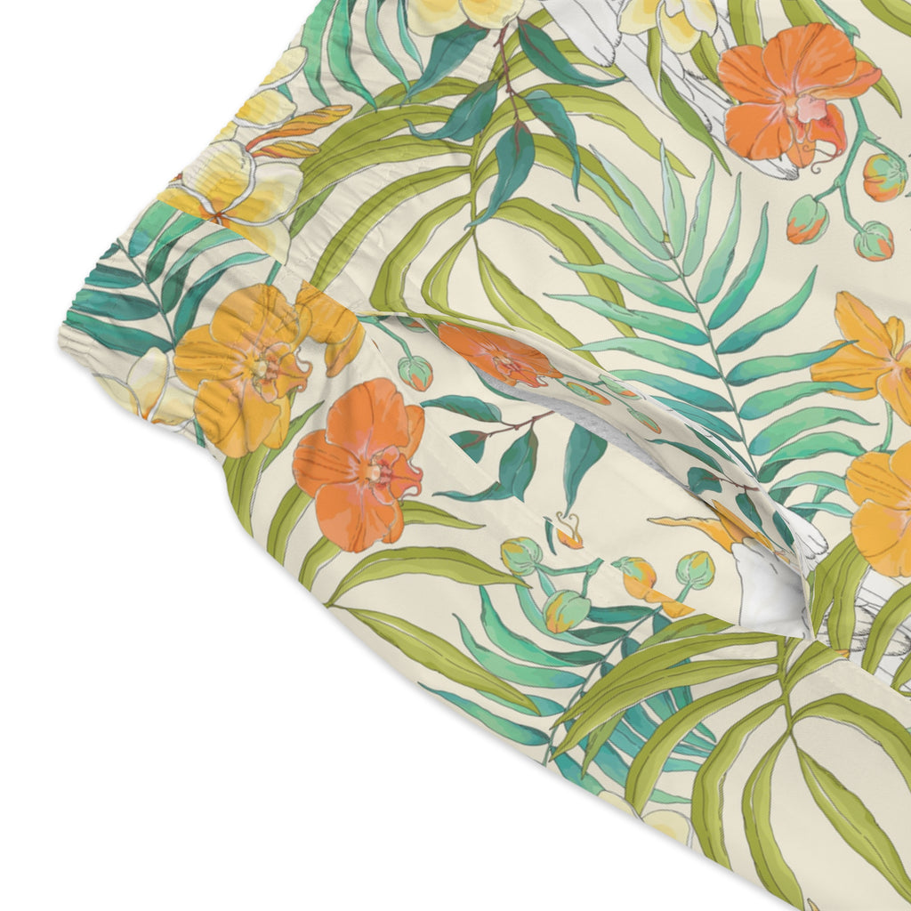 Cockatoo Tropical Swim Trunks — Floral Hawaiian All-Over Print