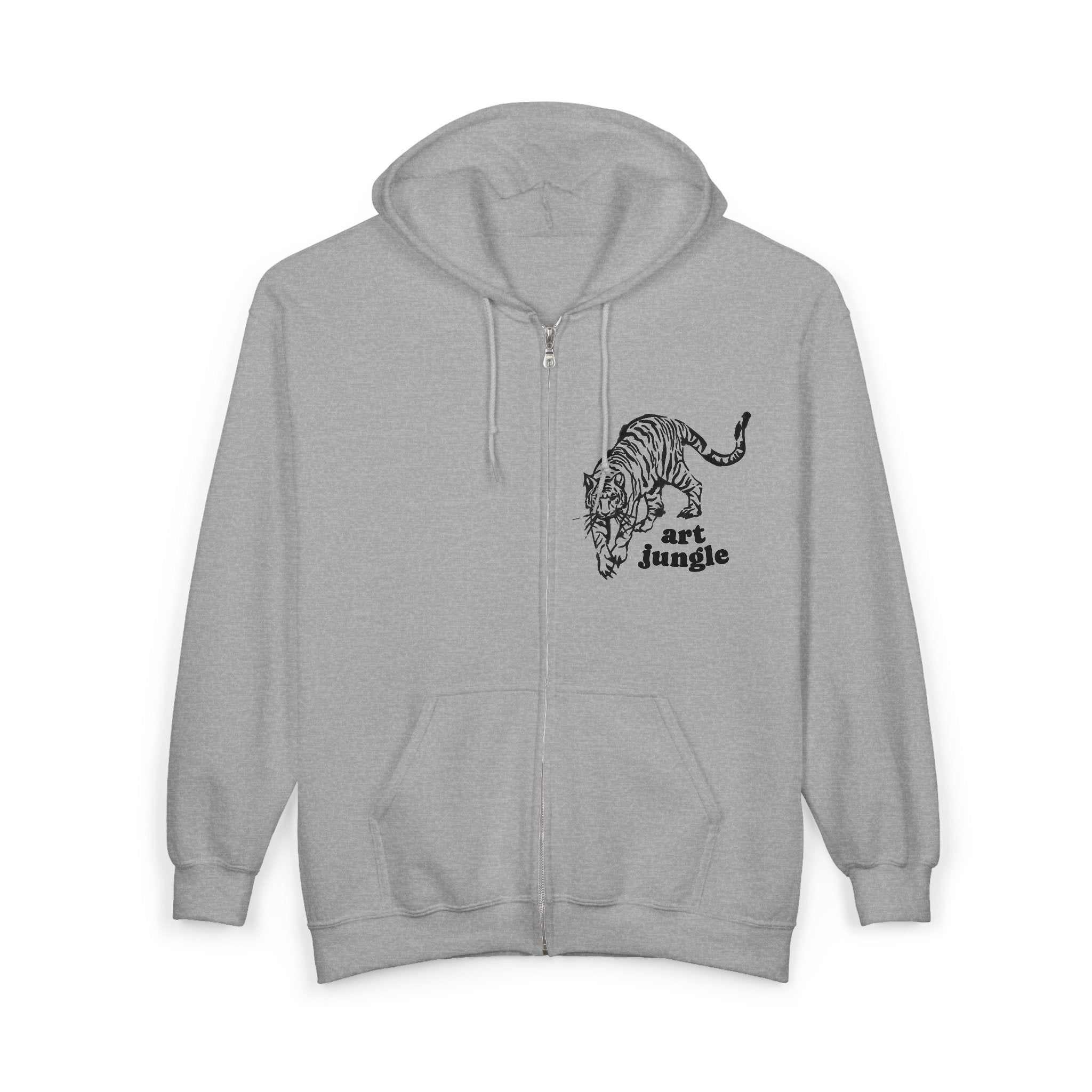 Tiger Graphic Zip Hoodie — Small Chest Print “Just Jump” 
