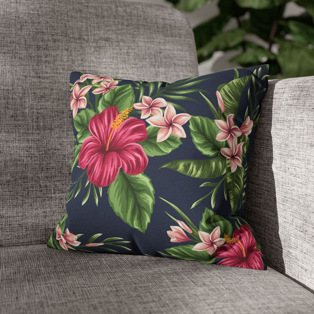 Tropical Hibiscus Pillowcase — Navy Floral Decorative Throw Pillow Cover