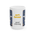 Taza de cerámica para amantes del arte: "Buenos días" con ilustración de luna y oso (325 g/440 g)