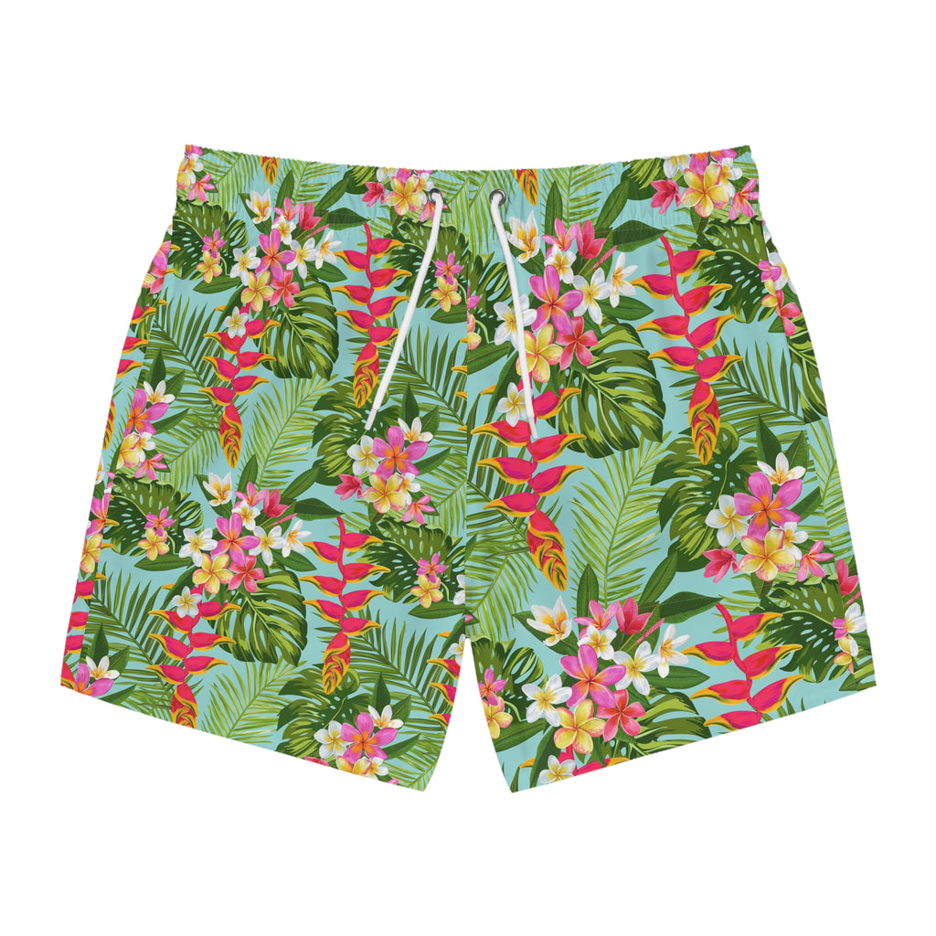 Tropical Floral Swim Trunks - Hawaiian Plumeria &amp; Palm Beach Shorts 