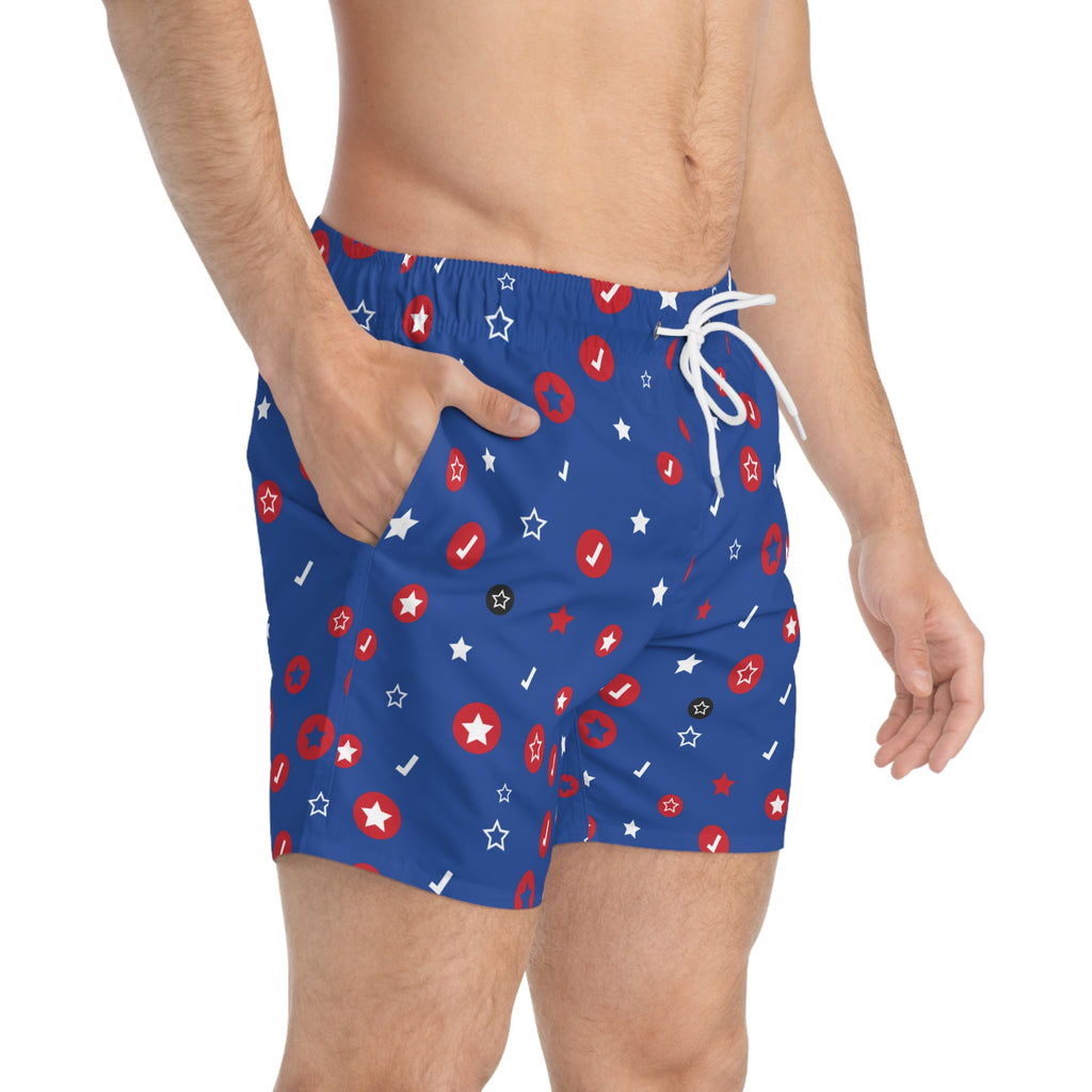Patriotic Stars & Dots Swim Trunks — Red, White & Blue Summer Beach Shorts