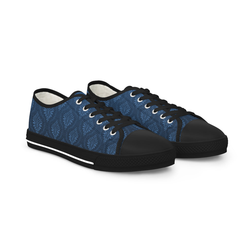 Men's Low Top Sneakers - Navy Indigo Leaf Pattern Casual Canvas Shoes 