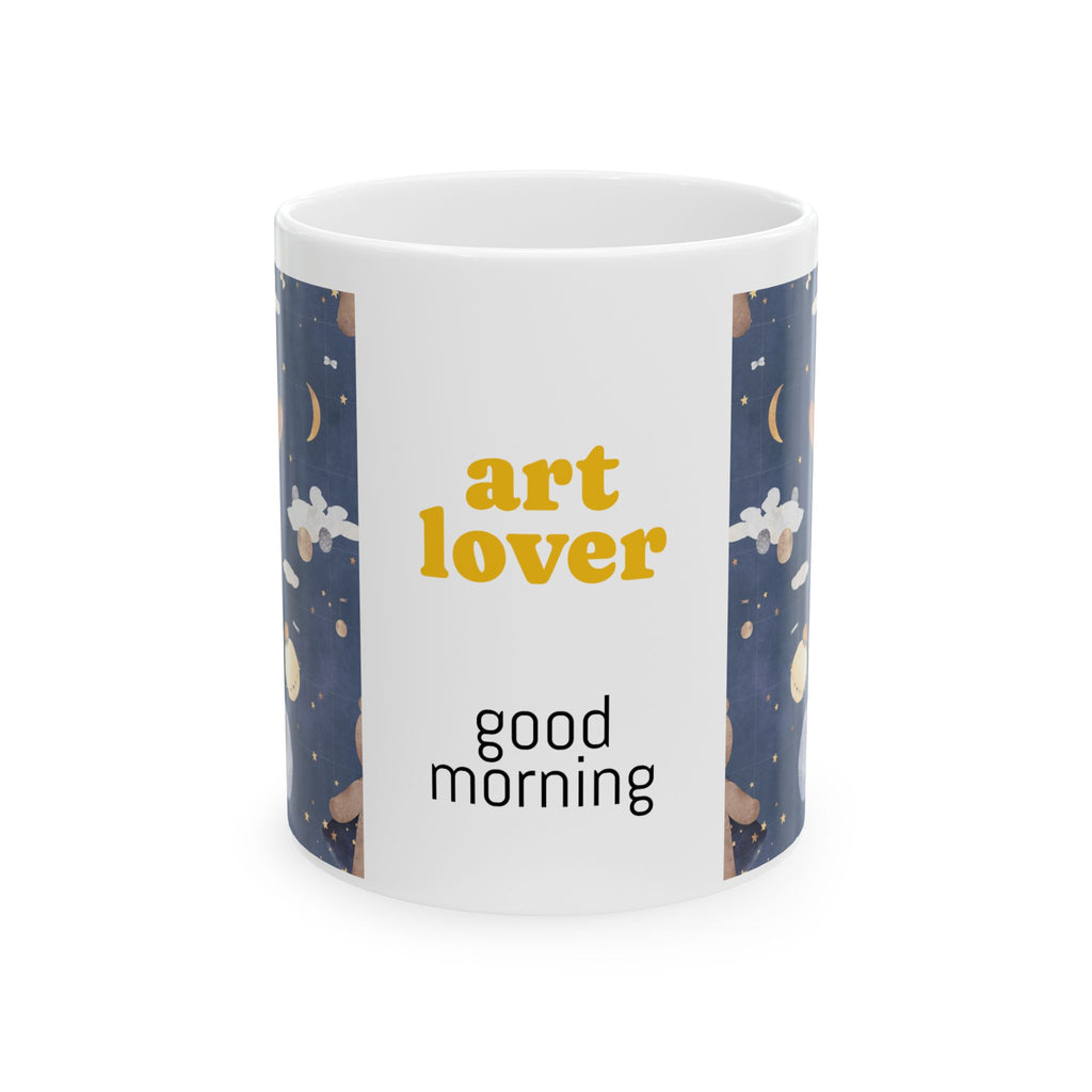 Taza de cerámica para amantes del arte: "Buenos días" con ilustración de luna y oso (325 g/440 g)