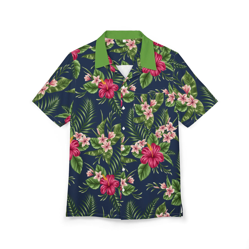 Camisa hawaiana azul marino con hibisco tropical — Floral Aloha con botones 