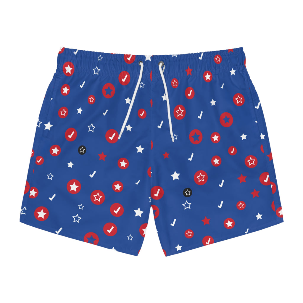 Patriotic Stars & Dots Swim Trunks — Red, White & Blue Summer Beach Shorts