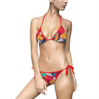 Tropical Floral Tie-Side Bikini — Vibrant Red Leaf Print Swimsuit 