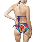 Tropical Floral Tie-Side Bikini — Vibrant Red Leaf Print Swimsuit 