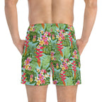 Tropical Floral Swim Trunks - Hawaiian Plumeria &amp; Palm Beach Shorts 